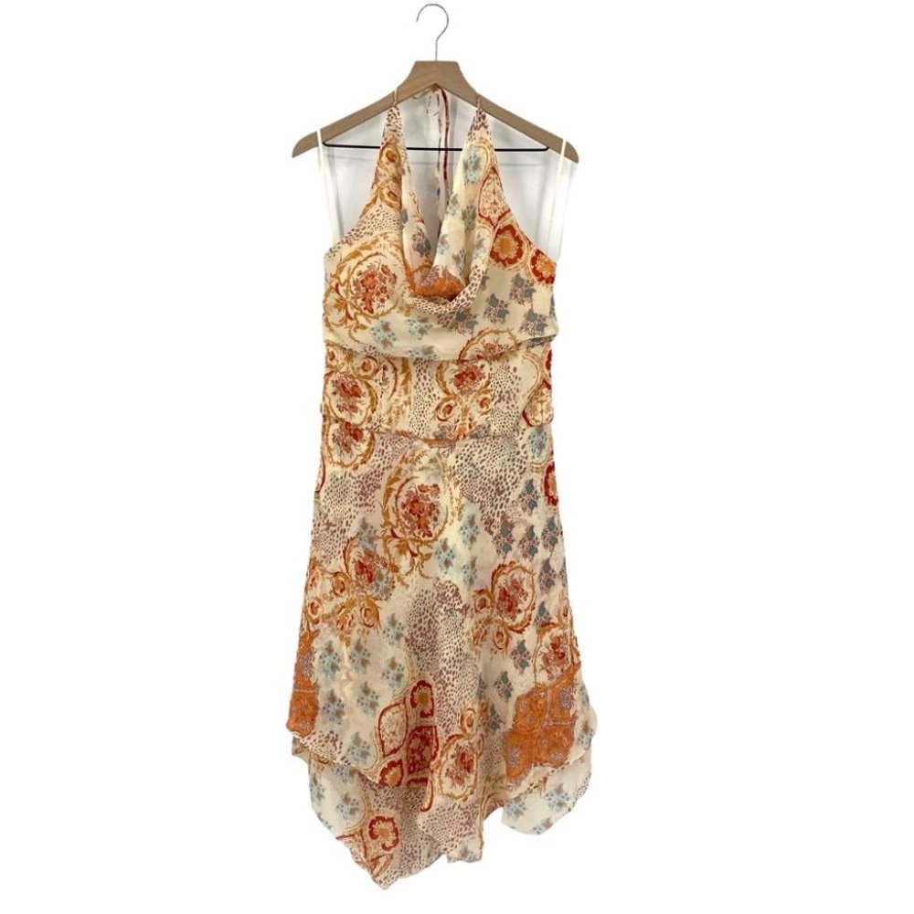 Kay Unger 100% Silk Halter Drape Layers Asymmetrical Hem Print Size 12